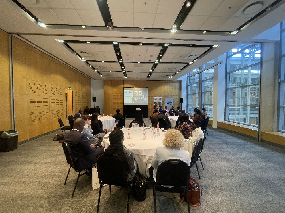 Corporate AV setup for TDB Group investor presentation at CTICC Cape Town. Projector screen and PA system hire for executive breakout rooms.